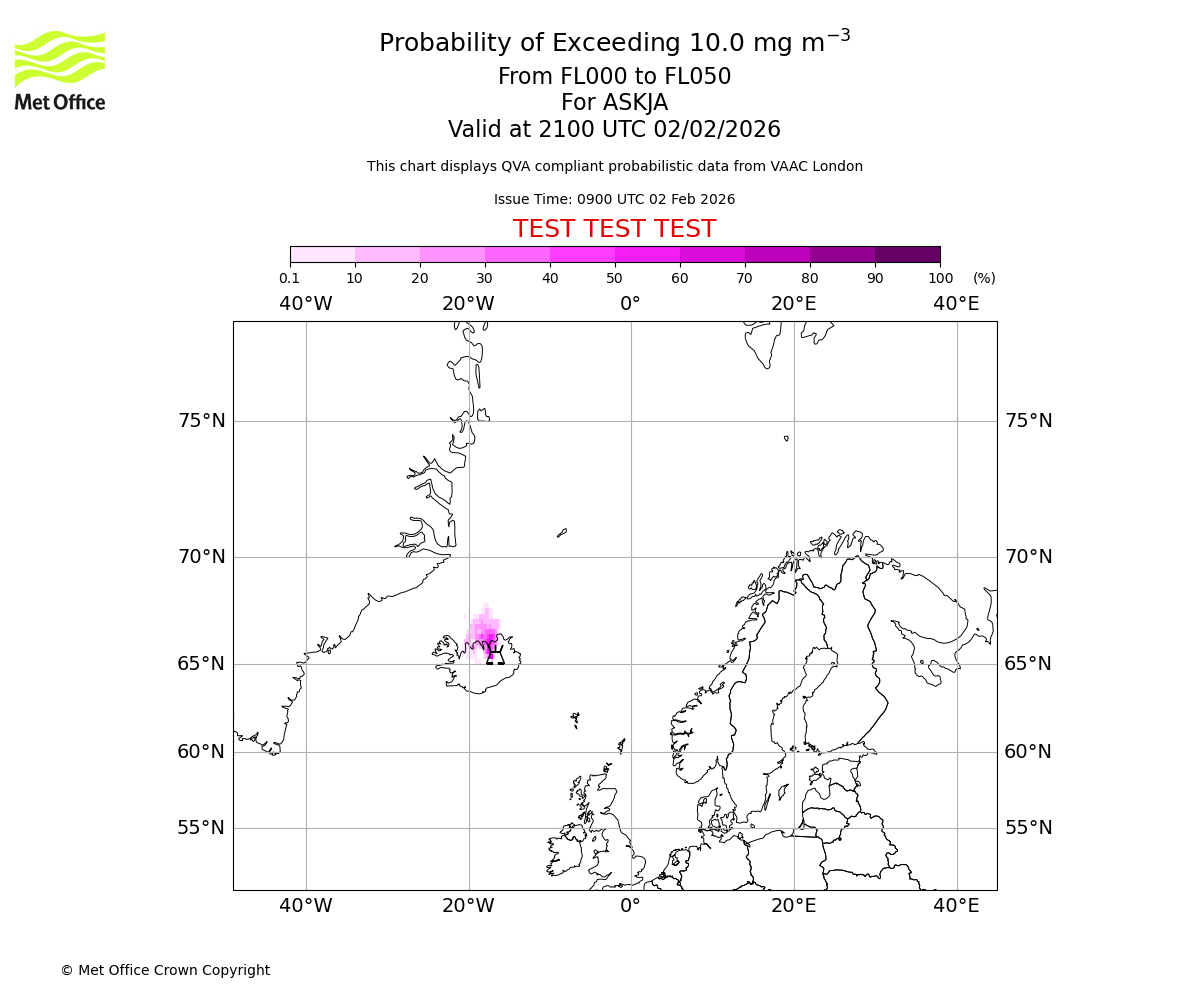 Probability of exceeding 10.0 milligrams per metre cubed. From 000 to 050 for ASKJA. Valid at 2100 UTC 02/02/2026