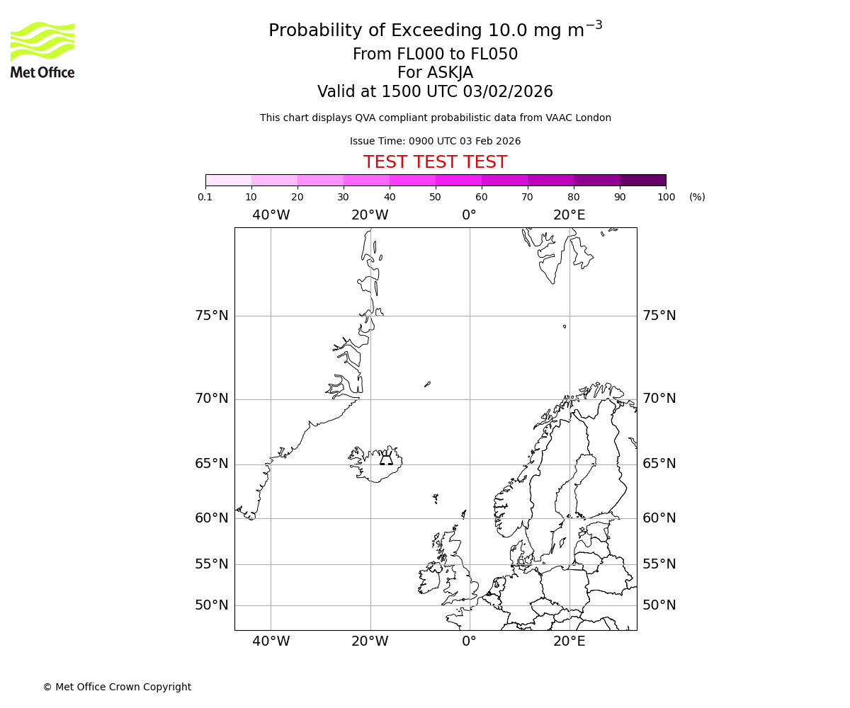 Probability of exceeding 10.0 milligrams per metre cubed. From 000 to 050 for ASKJA. Valid at 1500 UTC 03/02/2026