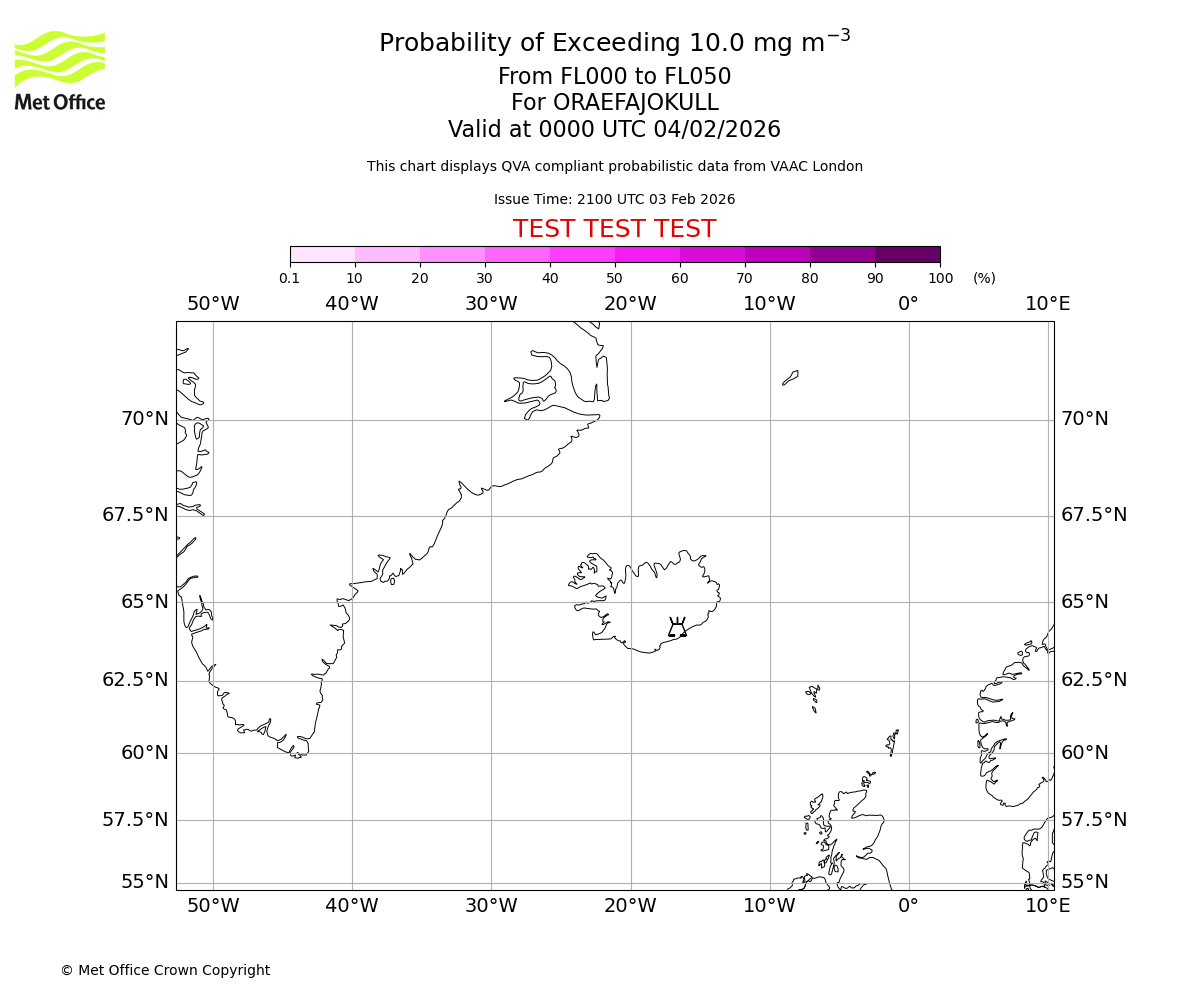 Probability of exceeding 10.0 milligrams per metre cubed. From 000 to 050 for ORAEFAJOKULL. Valid at 0000 UTC 04/02/2026
