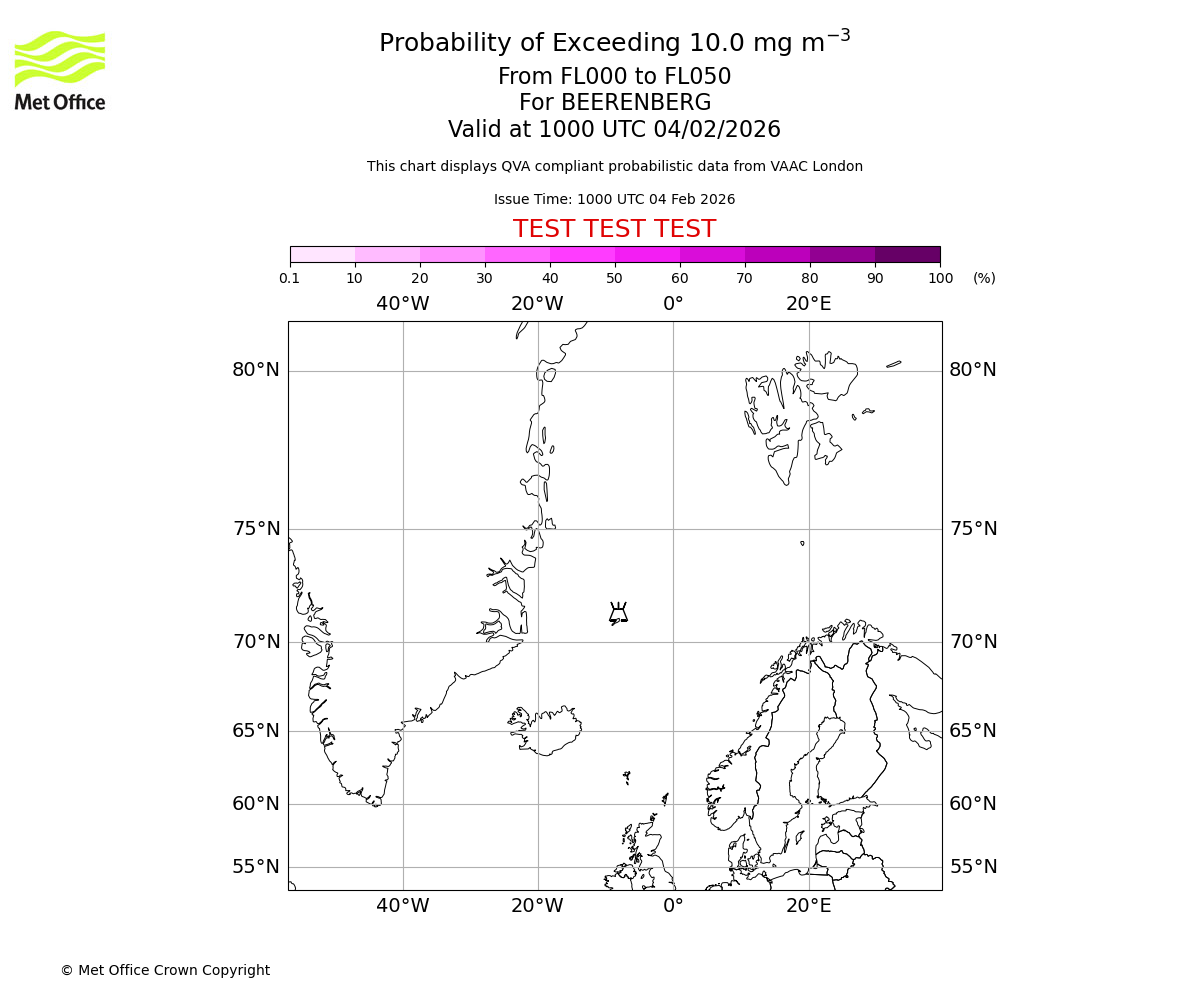 Probability of exceeding 10.0 milligrams per metre cubed. From 000 to 050 for BEERENBERG. Valid at 1000 UTC 04/02/2026