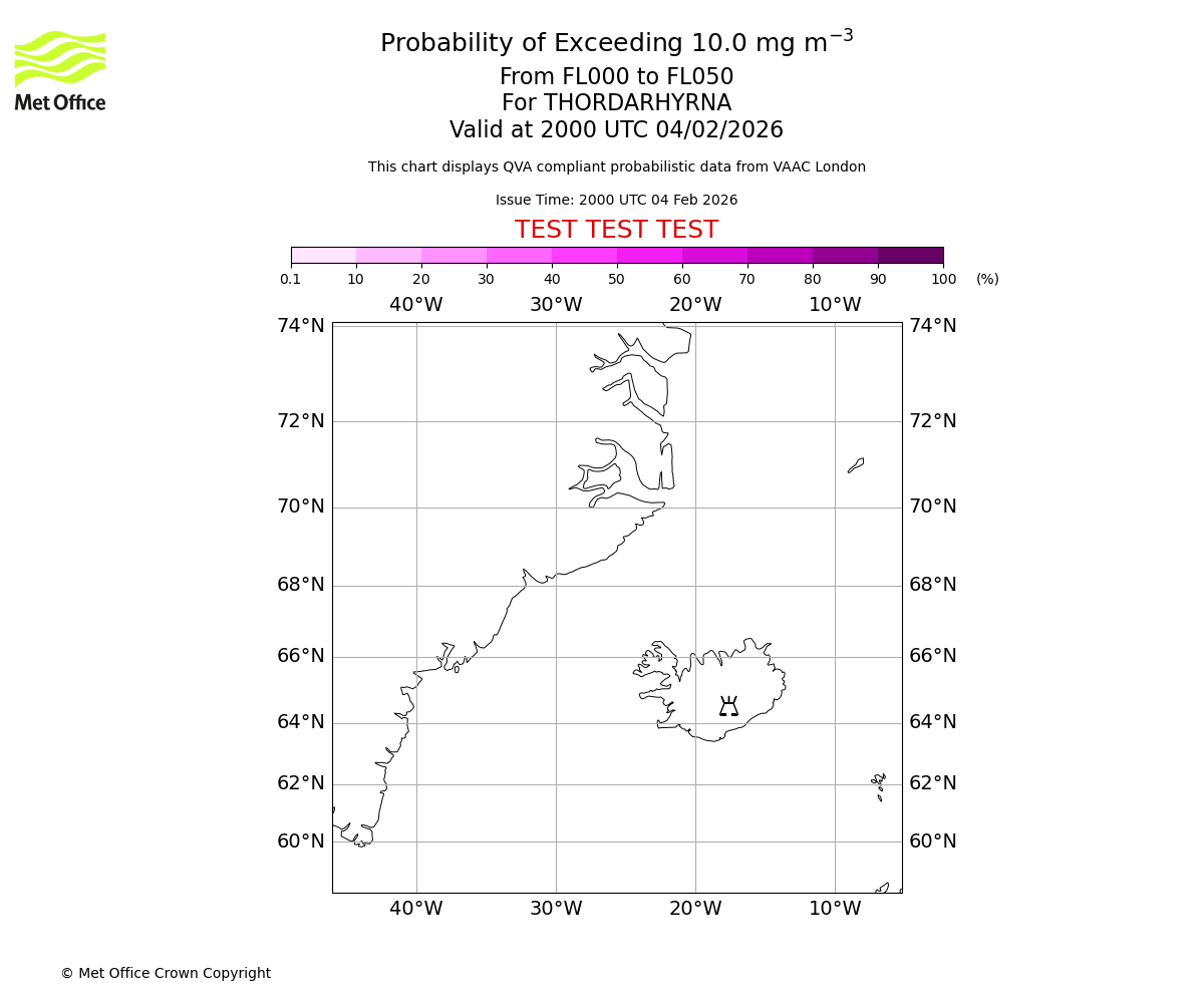 Probability of exceeding 10.0 milligrams per metre cubed. From 000 to 050 for THORDARHYRNA. Valid at 2000 UTC 04/02/2026