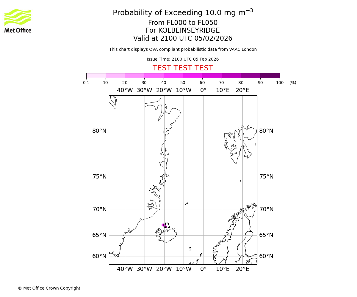 Probability of exceeding 10.0 milligrams per metre cubed. From 000 to 050 for KOLBEINSEYRIDGE. Valid at 2100 UTC 05/02/2026