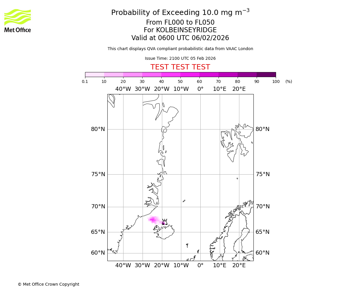 Probability of exceeding 10.0 milligrams per metre cubed. From 000 to 050 for KOLBEINSEYRIDGE. Valid at 0600 UTC 06/02/2026