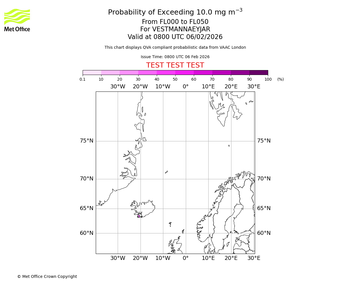 Probability of exceeding 10.0 milligrams per metre cubed. From 000 to 050 for VESTMANNAEYJAR. Valid at 0800 UTC 06/02/2026