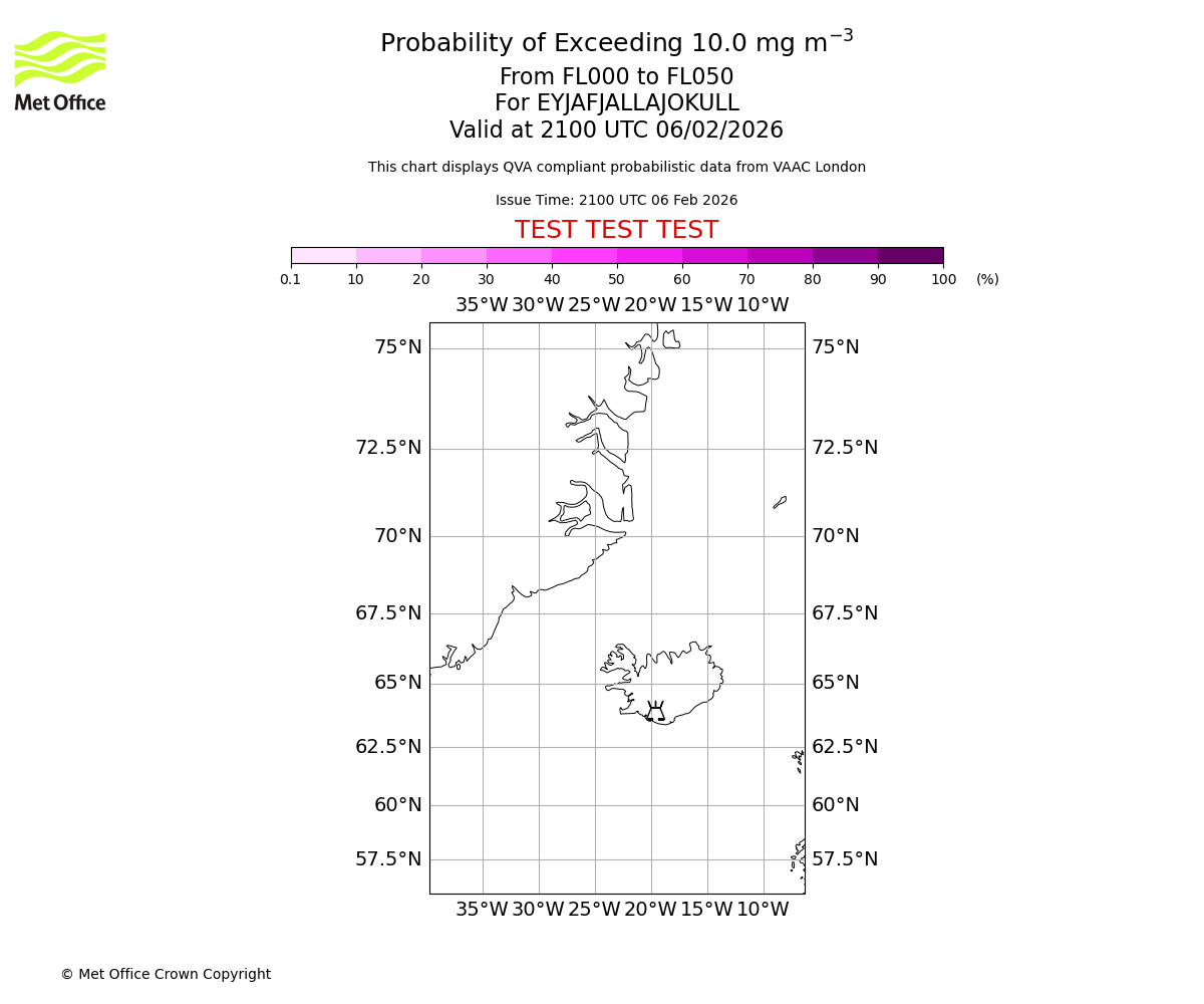 Probability of exceeding 10.0 milligrams per metre cubed. From 000 to 050 for EYJAFJALLAJOKULL. Valid at 2100 UTC 06/02/2026