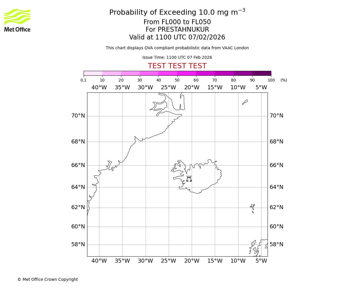 Probability of exceeding 10.0 milligrams per metre cubed. From 000 to 050 for PRESTAHNUKUR. Valid at 1100 UTC 07/02/2026