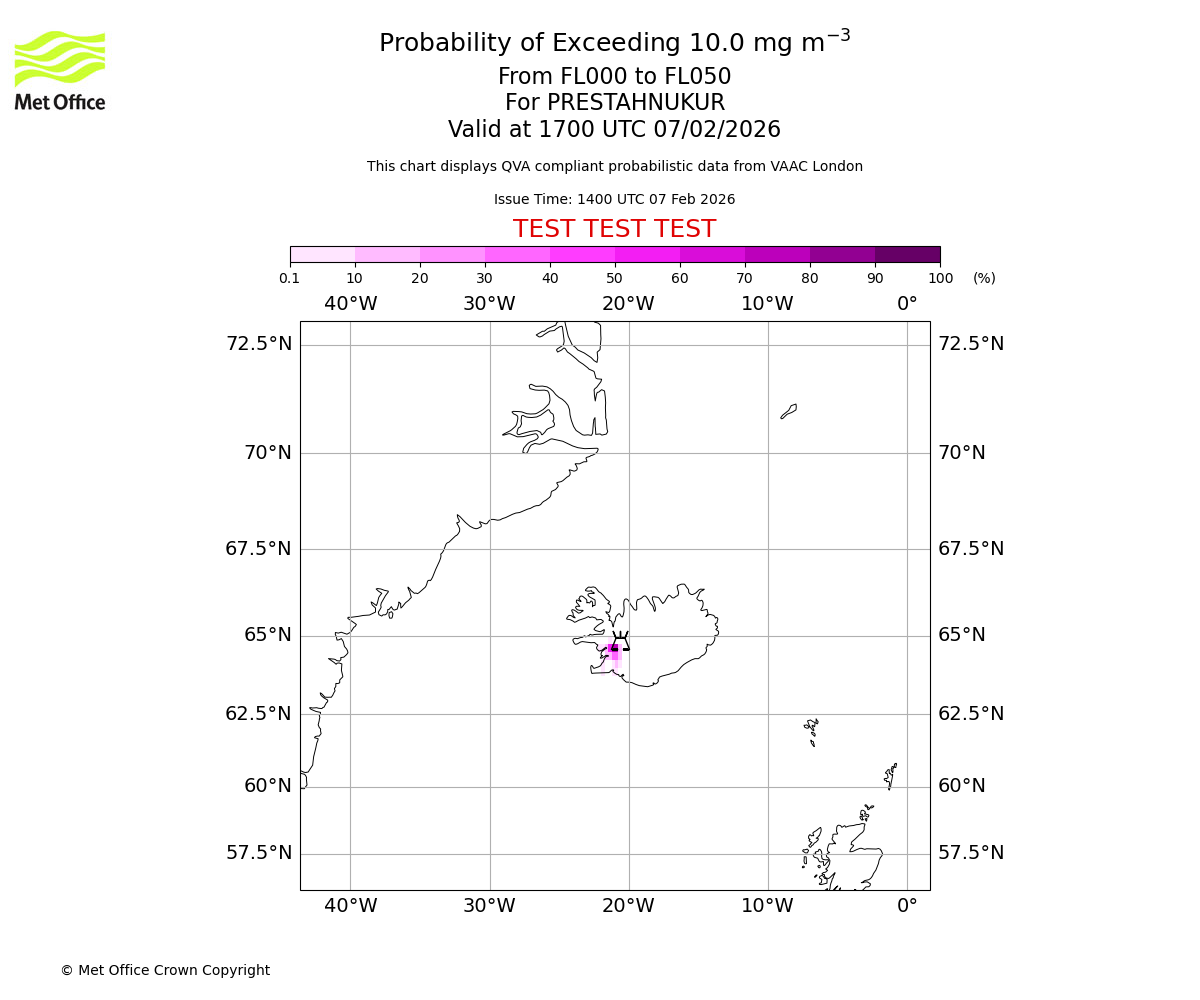 Probability of exceeding 10.0 milligrams per metre cubed. From 000 to 050 for PRESTAHNUKUR. Valid at 1700 UTC 07/02/2026