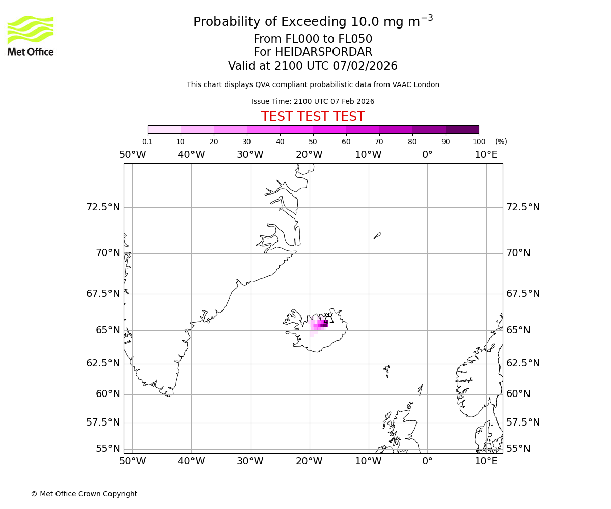 Probability of exceeding 10.0 milligrams per metre cubed. From 000 to 050 for HEIDARSPORDAR. Valid at 2100 UTC 07/02/2026