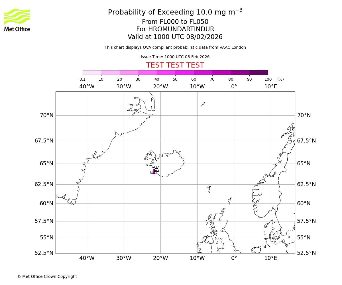 Probability of exceeding 10.0 milligrams per metre cubed. From 000 to 050 for HROMUNDARTINDUR. Valid at 1000 UTC 08/02/2026