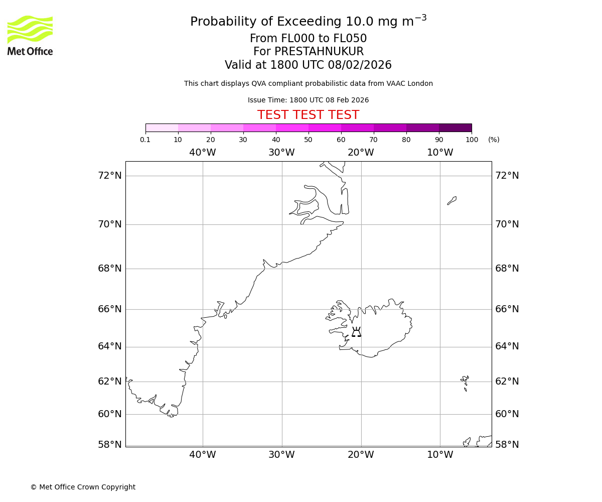 Probability of exceeding 10.0 milligrams per metre cubed. From 000 to 050 for PRESTAHNUKUR. Valid at 1800 UTC 08/02/2026