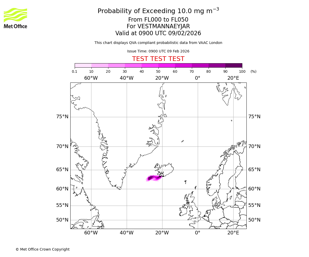 Probability of exceeding 10.0 milligrams per metre cubed. From 000 to 050 for VESTMANNAEYJAR. Valid at 0900 UTC 09/02/2026
