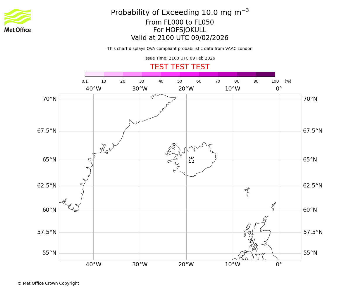 Probability of exceeding 10.0 milligrams per metre cubed. From 000 to 050 for HOFSJOKULL. Valid at 2100 UTC 09/02/2026