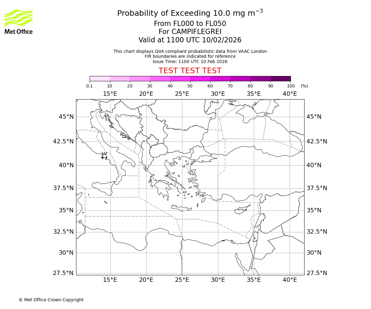 Probability of exceeding 10.0 milligrams per metre cubed. From 000 to 050 for CAMPIFLEGREI. Valid at 1100 UTC 10/02/2026