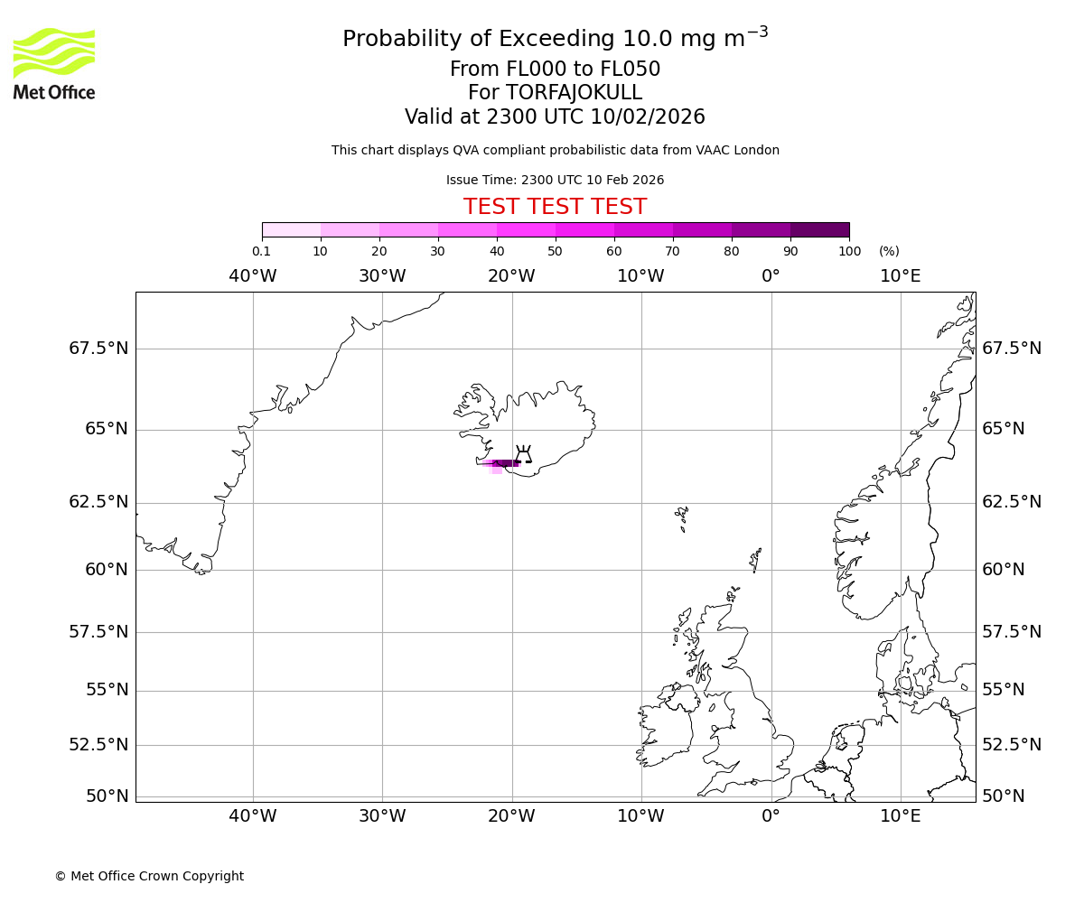 Probability of exceeding 10.0 milligrams per metre cubed. From 000 to 050 for TORFAJOKULL. Valid at 2300 UTC 10/02/2026