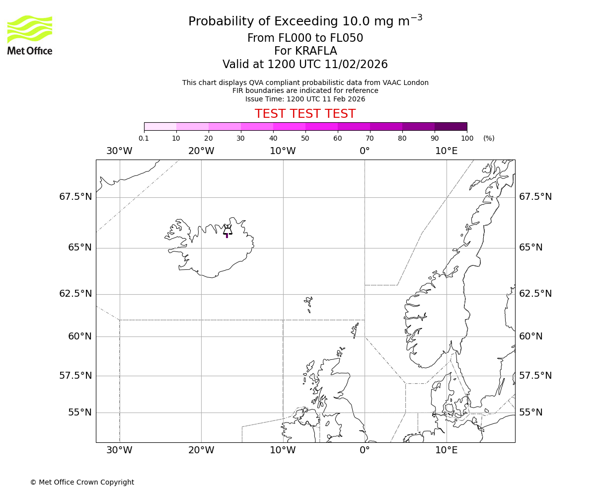 Probability of exceeding 10.0 milligrams per metre cubed. From 000 to 050 for KRAFLA. Valid at 1200 UTC 11/02/2026
