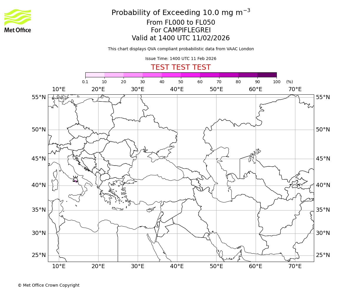 Probability of exceeding 10.0 milligrams per metre cubed. From 000 to 050 for CAMPIFLEGREI. Valid at 1400 UTC 11/02/2026