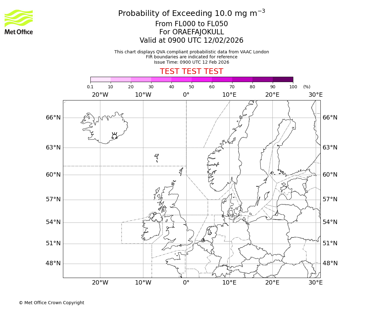 Probability of exceeding 10.0 milligrams per metre cubed. From 000 to 050 for ORAEFAJOKULL. Valid at 0900 UTC 12/02/2026