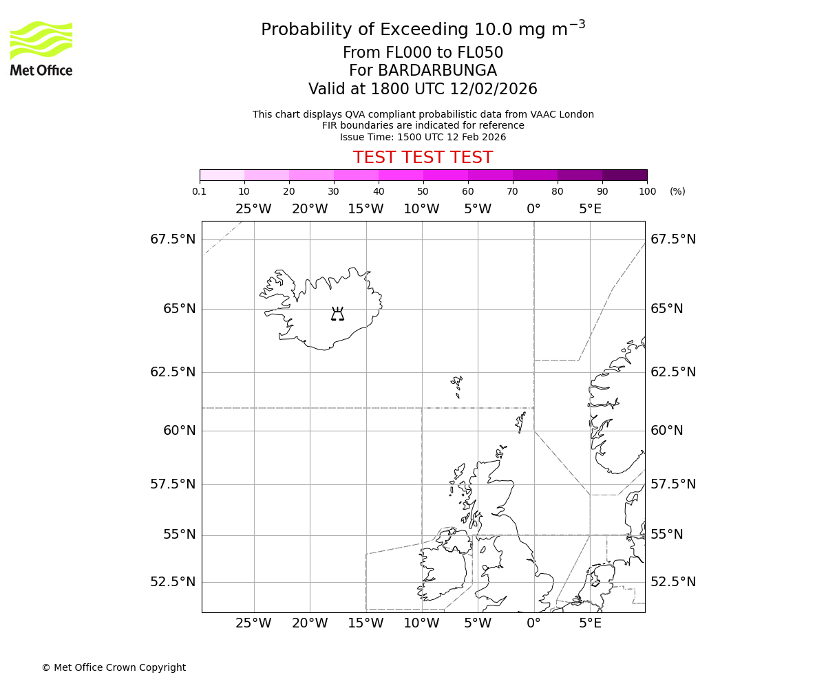Probability of exceeding 10.0 milligrams per metre cubed. From 000 to 050 for BARDARBUNGA. Valid at 1800 UTC 12/02/2026