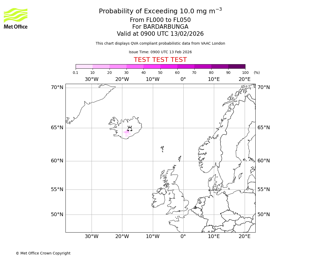 Probability of exceeding 10.0 milligrams per metre cubed. From 000 to 050 for BARDARBUNGA. Valid at 0900 UTC 13/02/2026