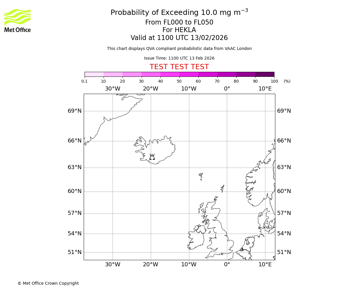 Probability of exceeding 10.0 milligrams per metre cubed. From 000 to 050 for HEKLA. Valid at 1100 UTC 13/02/2026