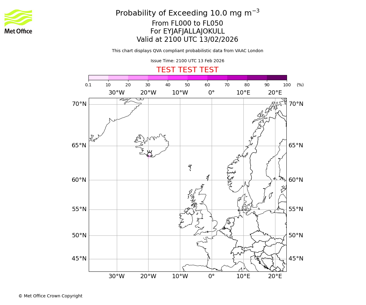 Probability of exceeding 10.0 milligrams per metre cubed. From 000 to 050 for EYJAFJALLAJOKULL. Valid at 2100 UTC 13/02/2026