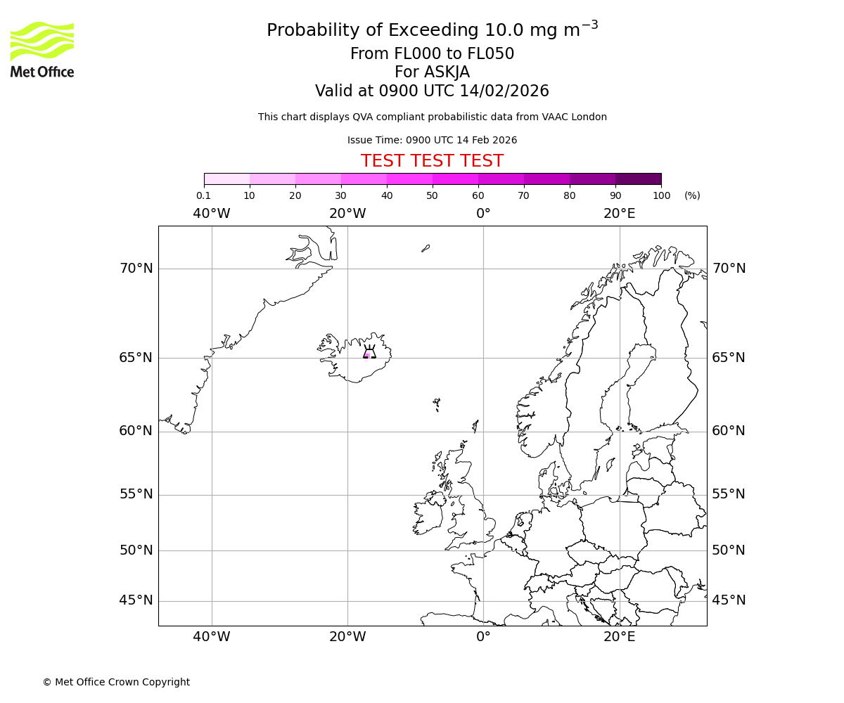 Probability of exceeding 10.0 milligrams per metre cubed. From 000 to 050 for ASKJA. Valid at 0900 UTC 14/02/2026