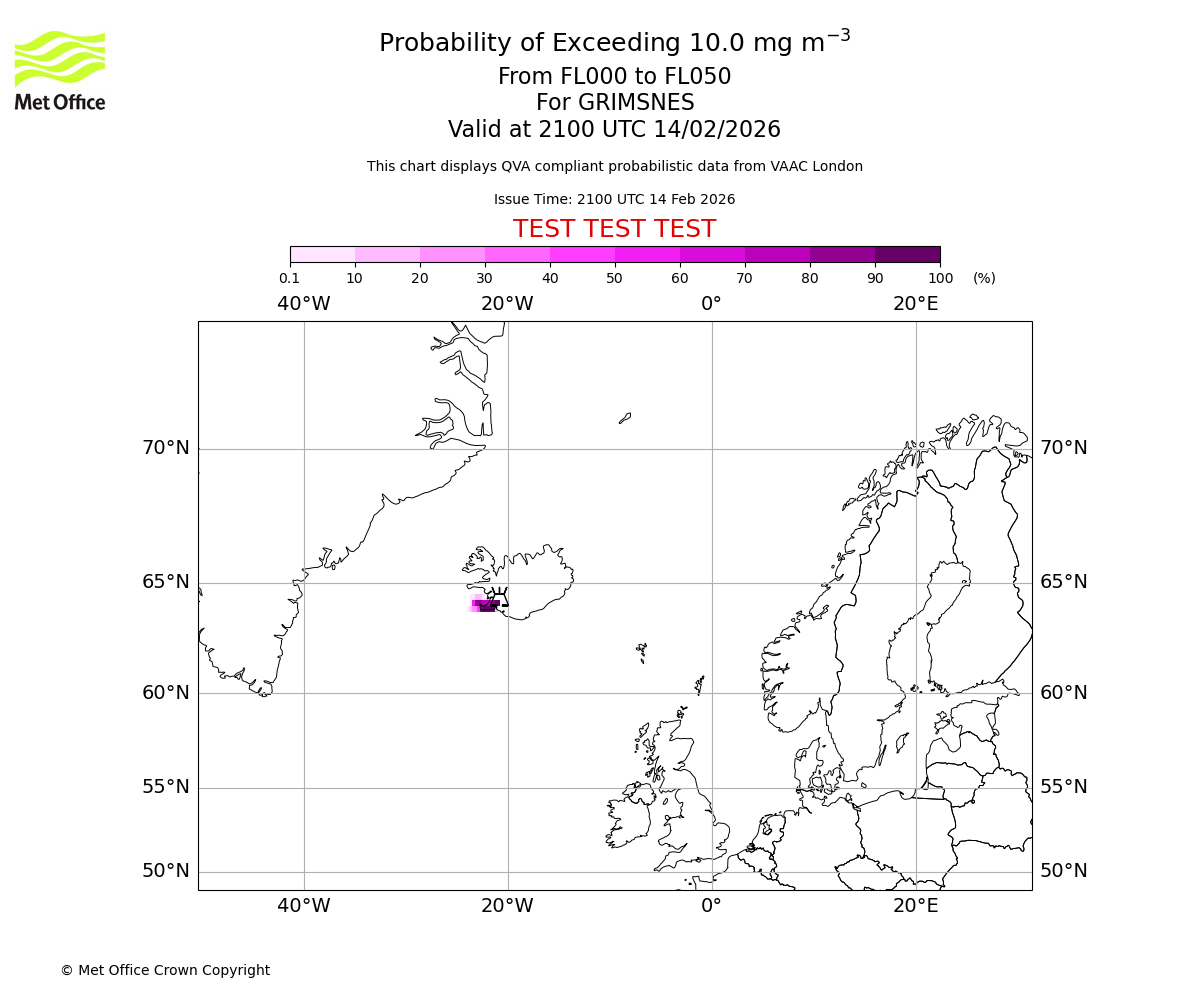 Probability of exceeding 10.0 milligrams per metre cubed. From 000 to 050 for GRIMSNES. Valid at 2100 UTC 14/02/2026