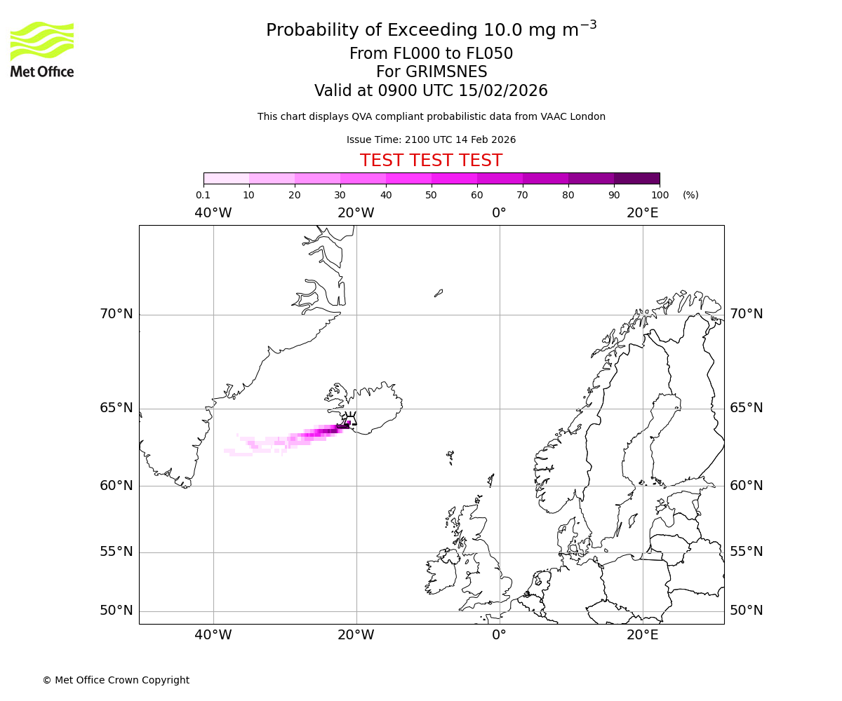 Probability of exceeding 10.0 milligrams per metre cubed. From 000 to 050 for GRIMSNES. Valid at 0900 UTC 15/02/2026