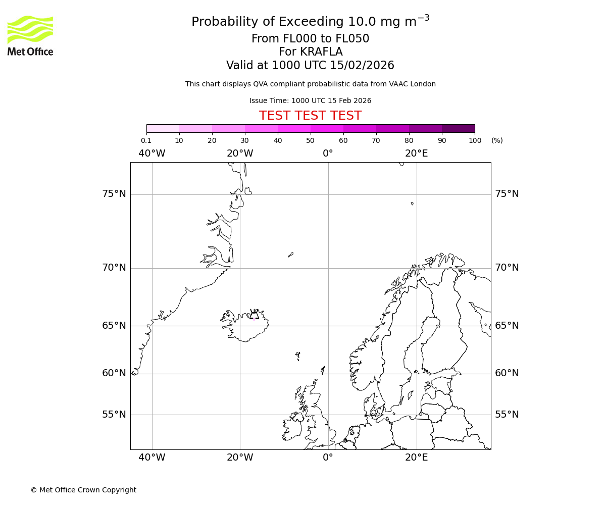 Probability of exceeding 10.0 milligrams per metre cubed. From 000 to 050 for KRAFLA. Valid at 1000 UTC 15/02/2026