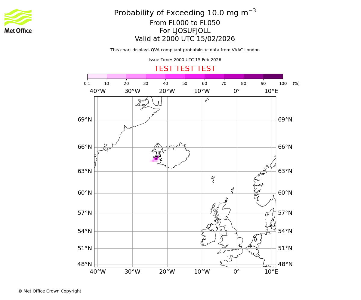 Probability of exceeding 10.0 milligrams per metre cubed. From 000 to 050 for LJOSUFJOLL. Valid at 2000 UTC 15/02/2026
