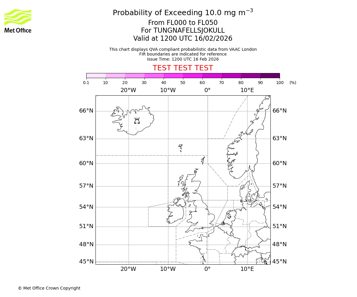 Probability of exceeding 10.0 milligrams per metre cubed. From 000 to 050 for TUNGNAFELLSJOKULL. Valid at 1200 UTC 16/02/2026