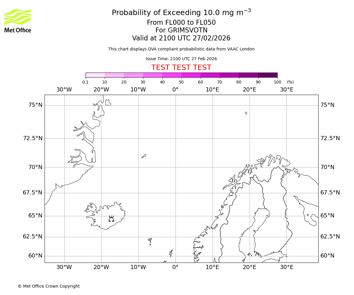 Probability of exceeding 10.0 milligrams per metre cubed. From 000 to 050 for GRIMSVOTN. Valid at 2100 UTC 27/02/2026