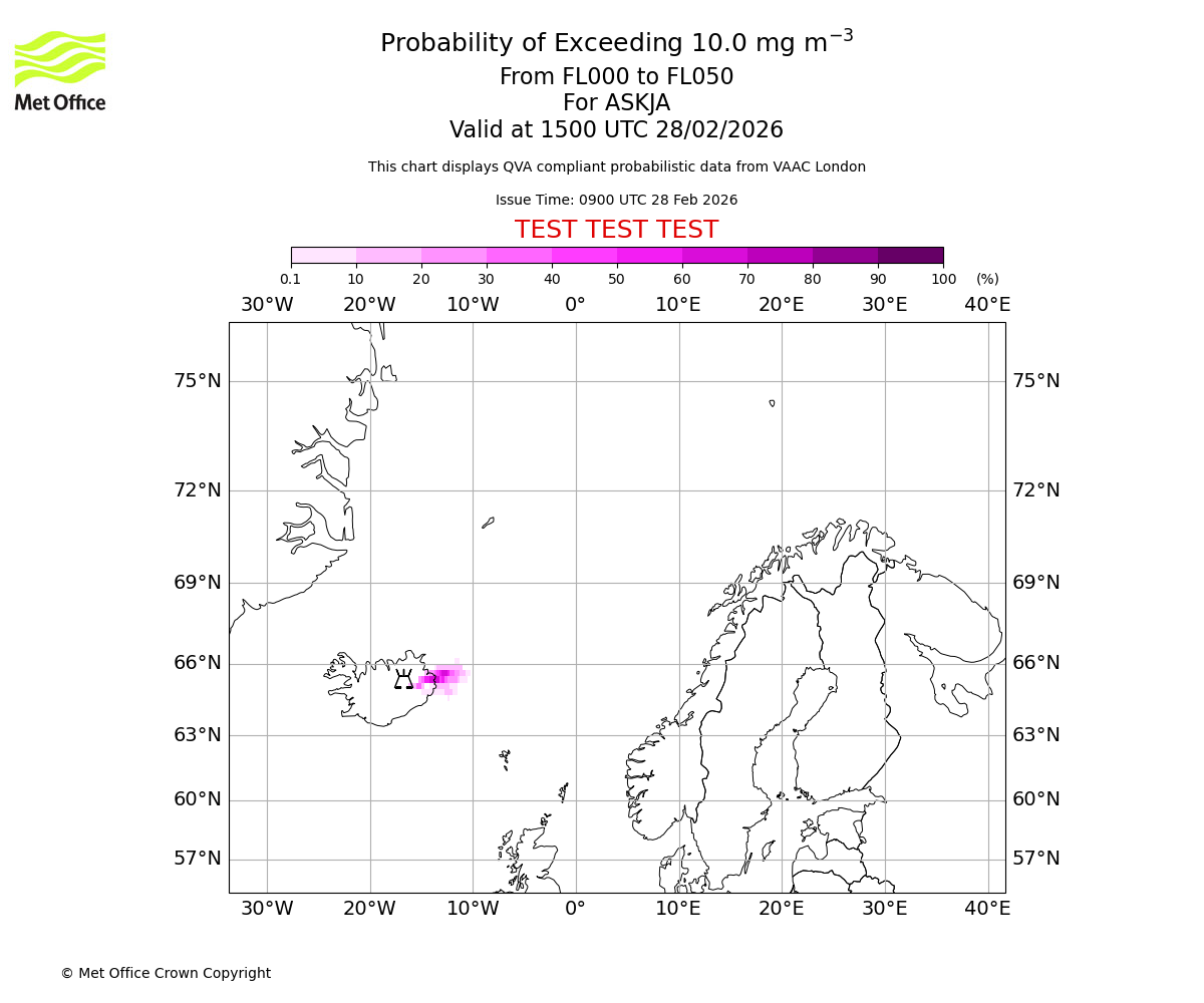 Probability of exceeding 10.0 milligrams per metre cubed. From 000 to 050 for ASKJA. Valid at 1500 UTC 28/02/2026