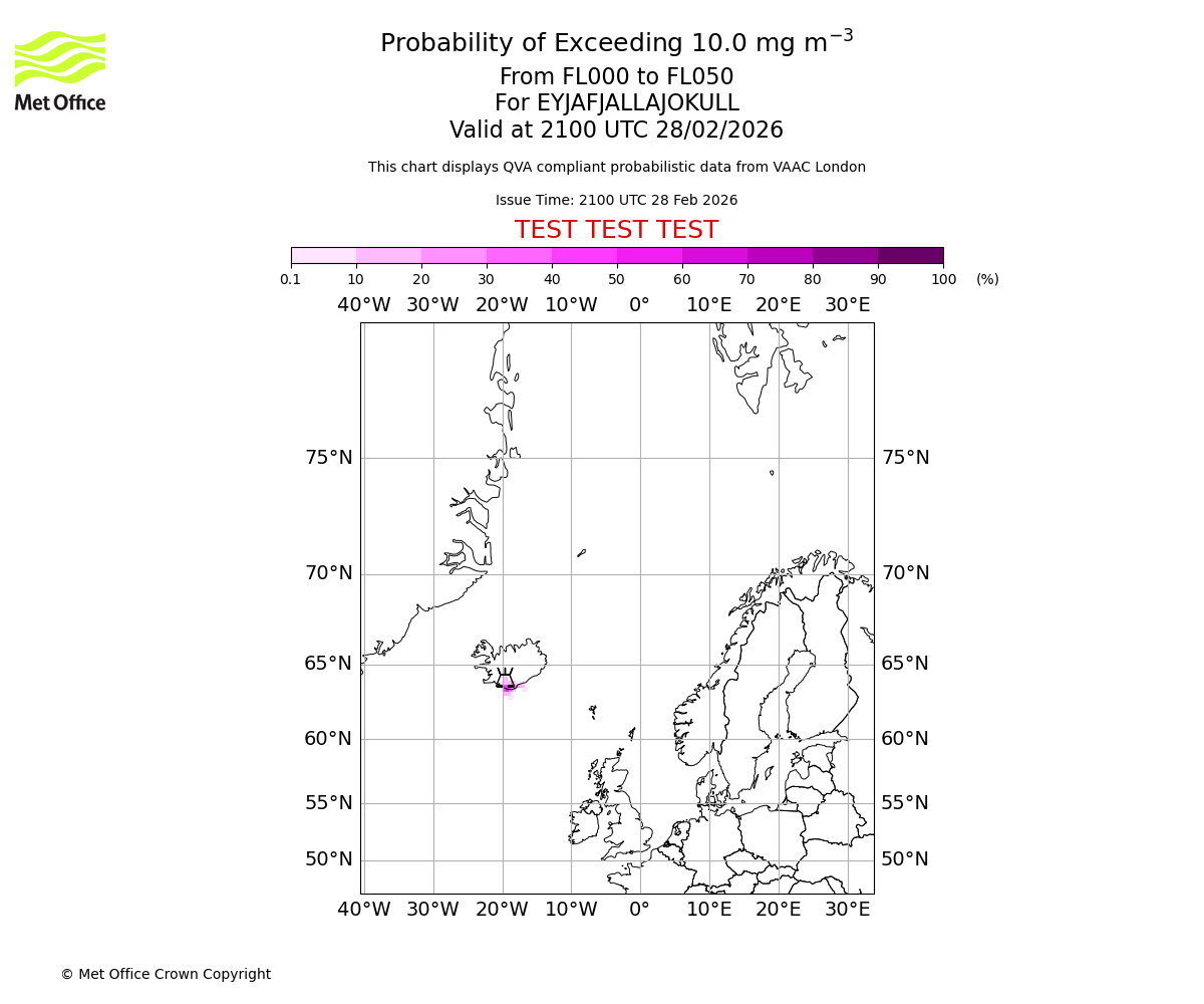 Probability of exceeding 10.0 milligrams per metre cubed. From 000 to 050 for EYJAFJALLAJOKULL. Valid at 2100 UTC 28/02/2026