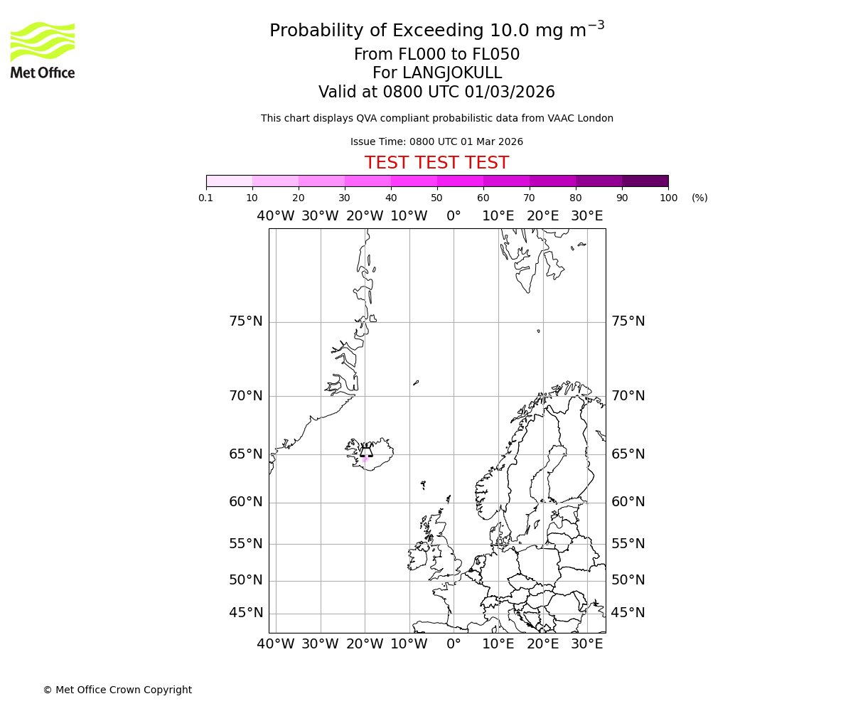 Probability of exceeding 10.0 milligrams per metre cubed. From 000 to 050 for LANGJOKULL. Valid at 0800 UTC 01/03/2026
