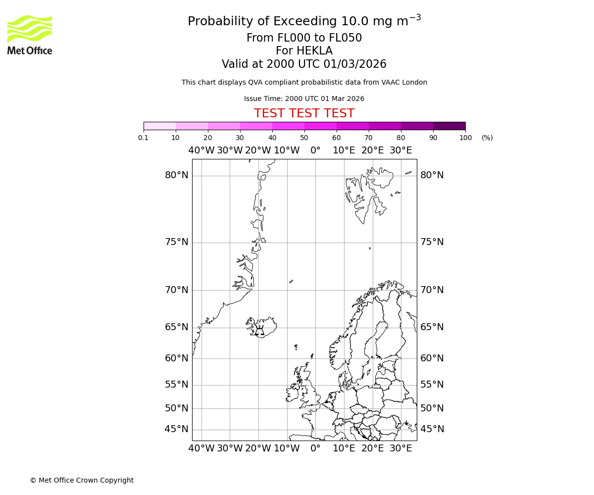 Probability of exceeding 10.0 milligrams per metre cubed. From 000 to 050 for HEKLA. Valid at 2000 UTC 01/03/2026