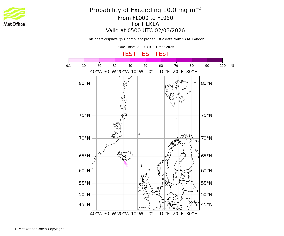 Probability of exceeding 10.0 milligrams per metre cubed. From 000 to 050 for HEKLA. Valid at 0500 UTC 02/03/2026