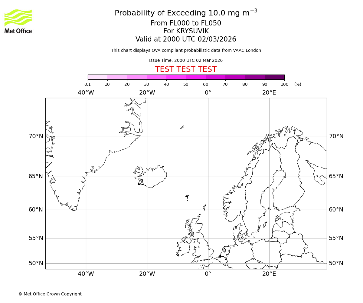 Probability of exceeding 10.0 milligrams per metre cubed. From 000 to 050 for KRYSUVIK. Valid at 2000 UTC 02/03/2026
