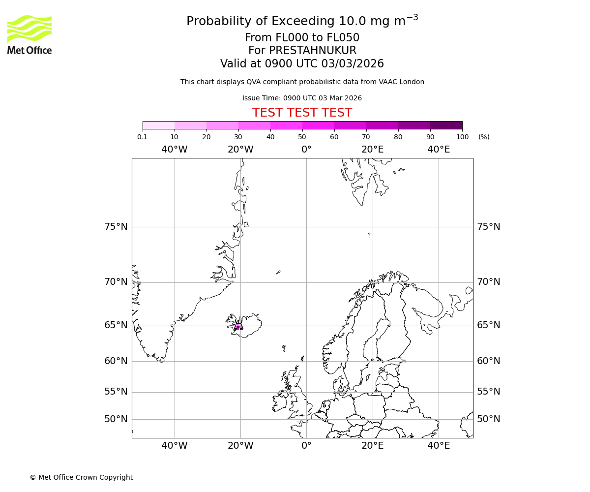Probability of exceeding 10.0 milligrams per metre cubed. From 000 to 050 for PRESTAHNUKUR. Valid at 0900 UTC 03/03/2026