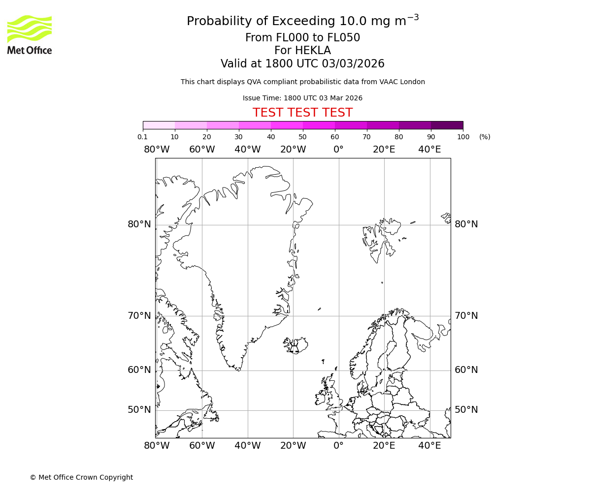 Probability of exceeding 10.0 milligrams per metre cubed. From 000 to 050 for HEKLA. Valid at 1800 UTC 03/03/2026