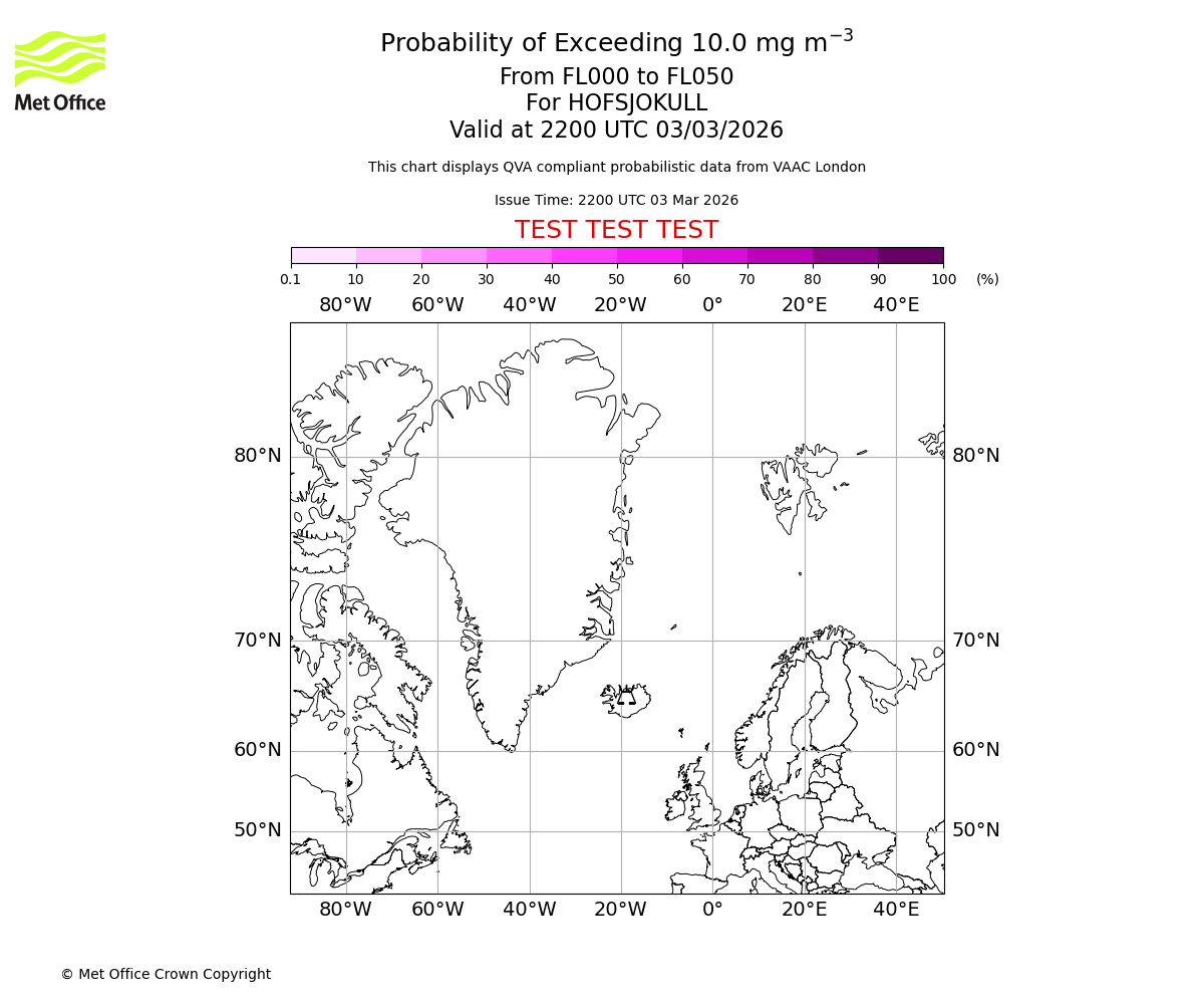Probability of exceeding 10.0 milligrams per metre cubed. From 000 to 050 for HOFSJOKULL. Valid at 2200 UTC 03/03/2026