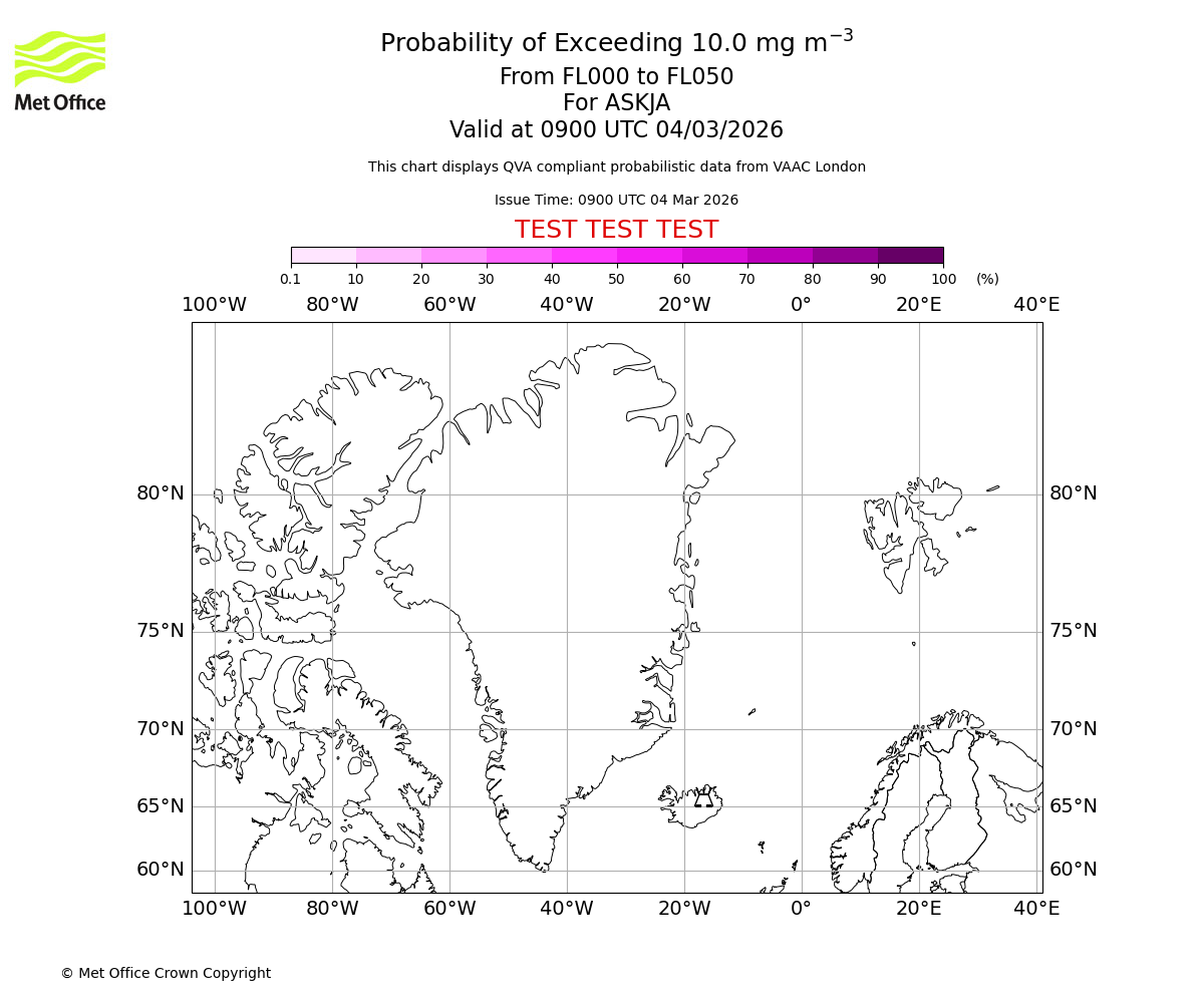 Probability of exceeding 10.0 milligrams per metre cubed. From 000 to 050 for ASKJA. Valid at 0900 UTC 04/03/2026