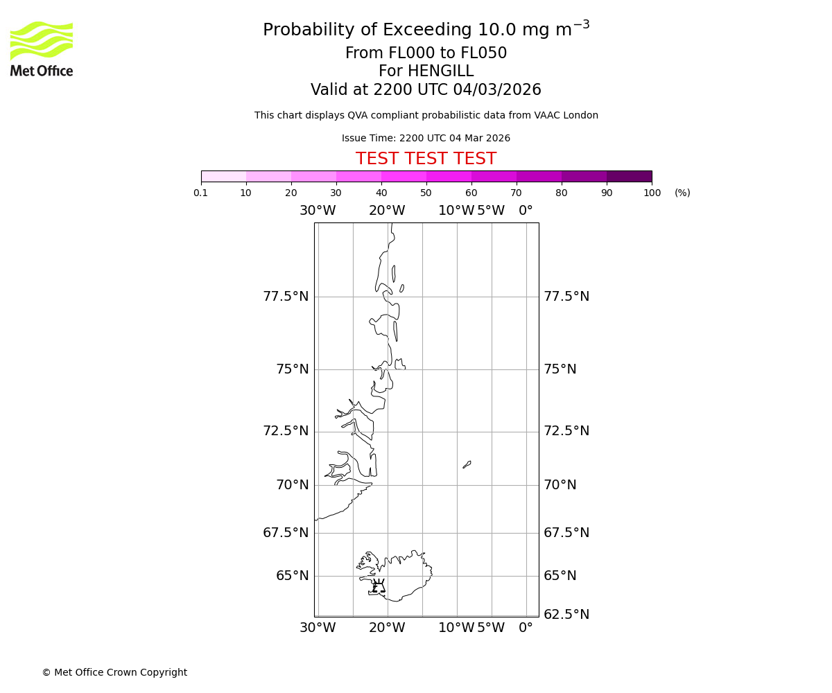 Probability of exceeding 10.0 milligrams per metre cubed. From 000 to 050 for HENGILL. Valid at 2200 UTC 04/03/2026