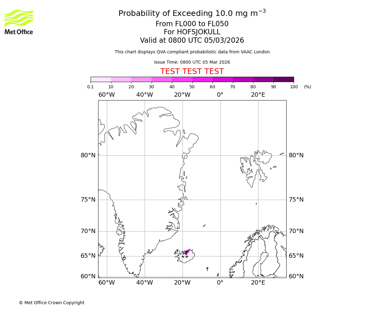 Probability of exceeding 10.0 milligrams per metre cubed. From 000 to 050 for HOFSJOKULL. Valid at 0800 UTC 05/03/2026
