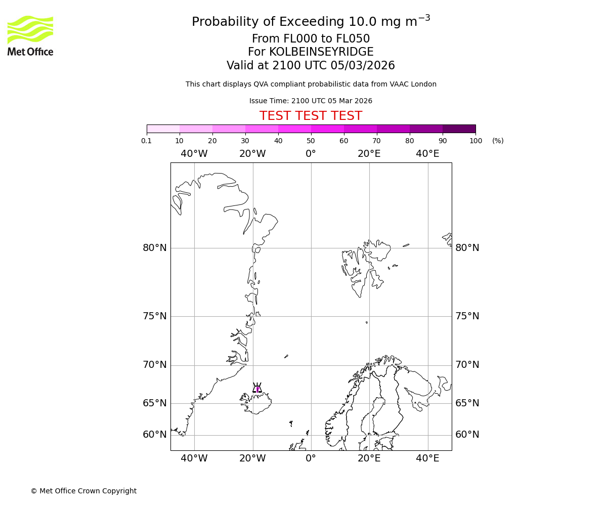 Probability of exceeding 10.0 milligrams per metre cubed. From 000 to 050 for KOLBEINSEYRIDGE. Valid at 2100 UTC 05/03/2026