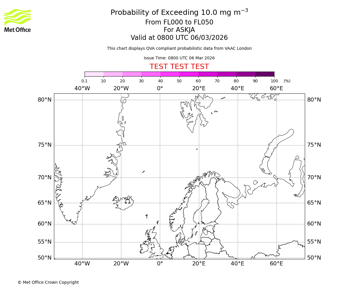 Probability of exceeding 10.0 milligrams per metre cubed. From 000 to 050 for ASKJA. Valid at 0800 UTC 06/03/2026