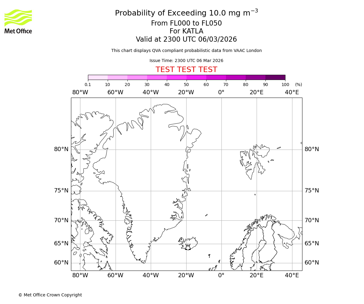 Probability of exceeding 10.0 milligrams per metre cubed. From 000 to 050 for KATLA. Valid at 2300 UTC 06/03/2026