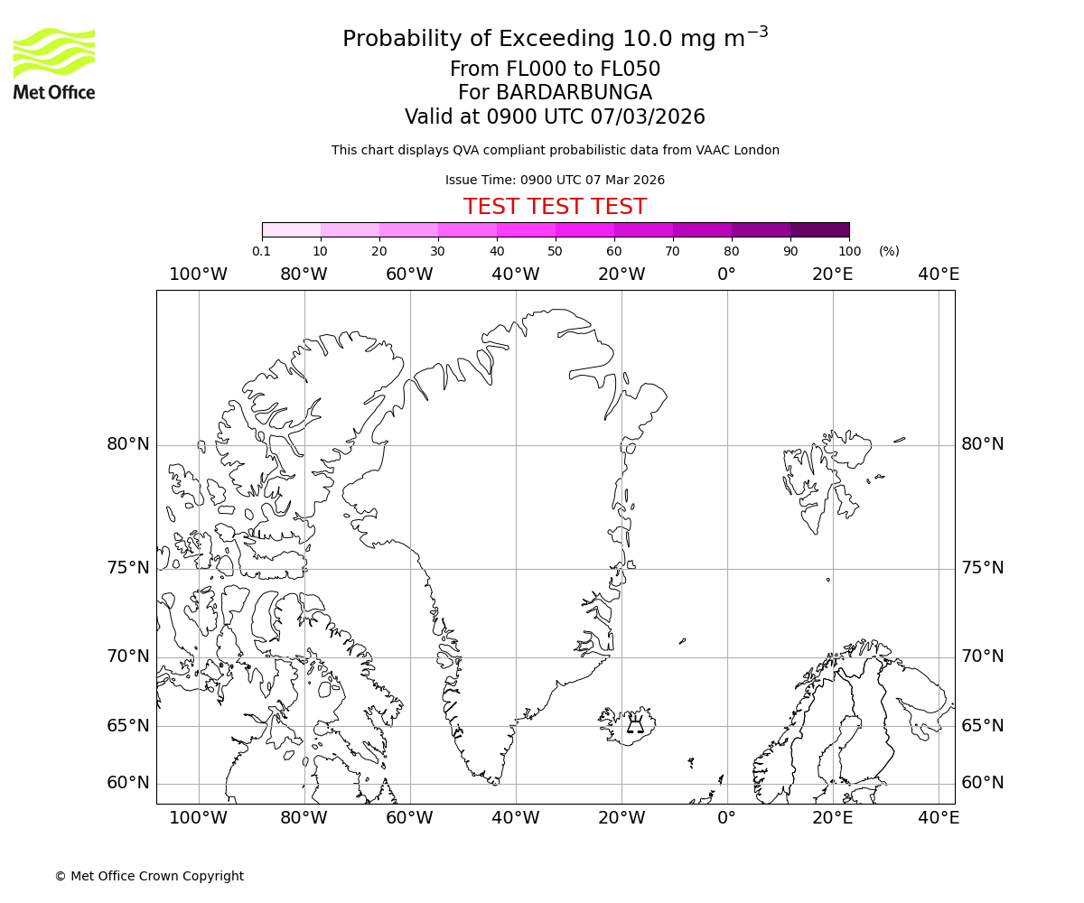 Probability of exceeding 10.0 milligrams per metre cubed. From 000 to 050 for BARDARBUNGA. Valid at 0900 UTC 07/03/2026