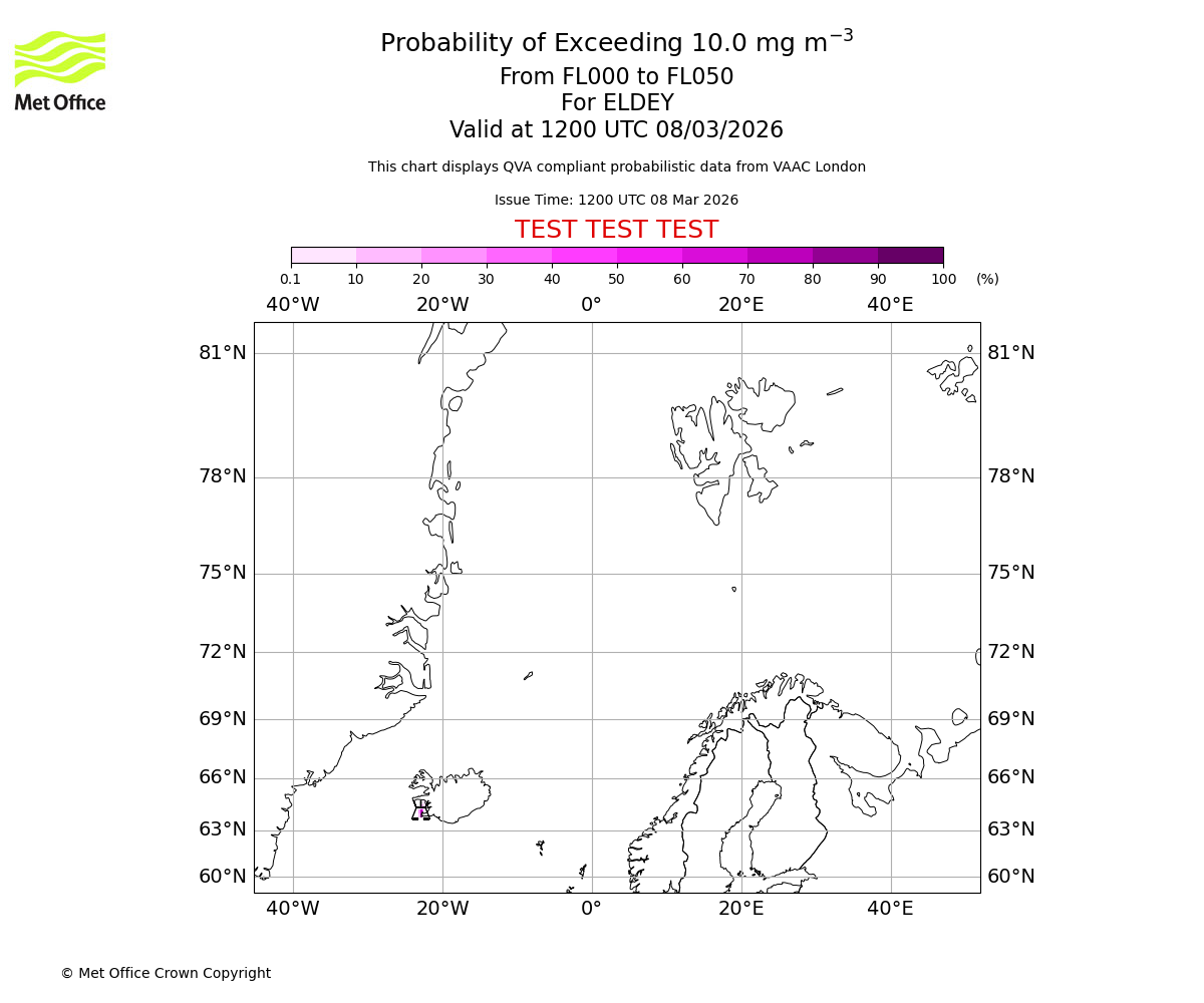 Probability of exceeding 10.0 milligrams per metre cubed. From 000 to 050 for ELDEY. Valid at 1200 UTC 08/03/2026