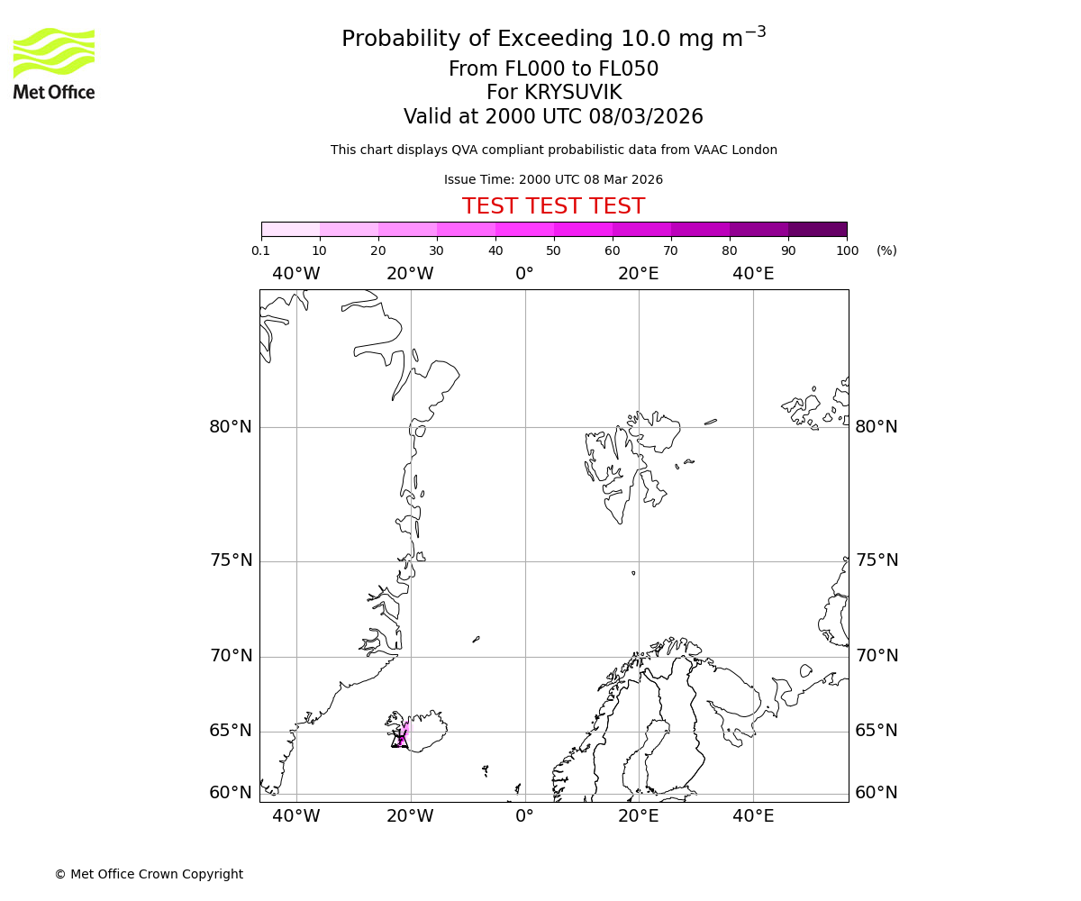 Probability of exceeding 10.0 milligrams per metre cubed. From 000 to 050 for KRYSUVIK. Valid at 2000 UTC 08/03/2026